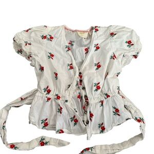 Anthropologie White Peplum Blouse with Red Rose Print